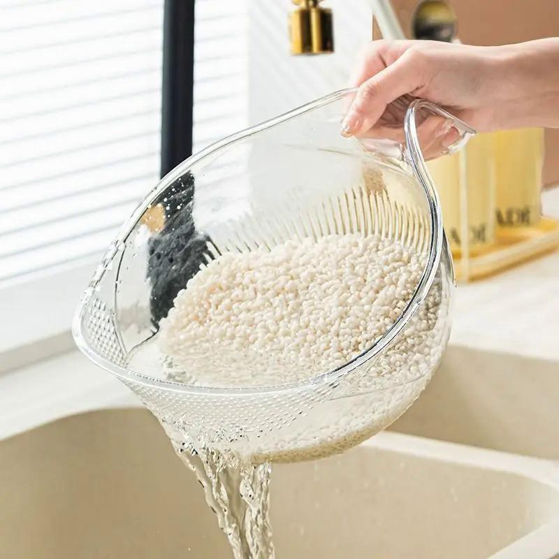 Clear Vegetable & Fruit Washing Colander With Handle Rice Washing Drain Basket