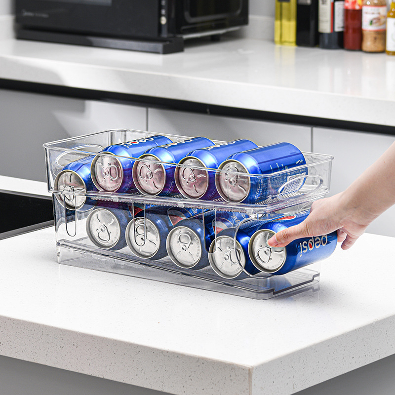 Auto Rolling 2 Layer Clear Plastic Refrigerator Fridge Beverage Soda Can Organizer Dispenser